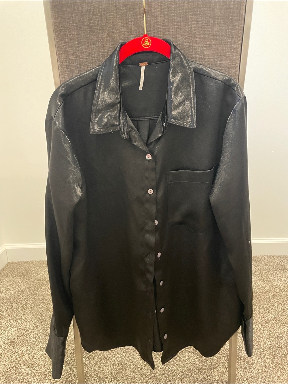 Free People Black Satin-Look Button Front Shirt